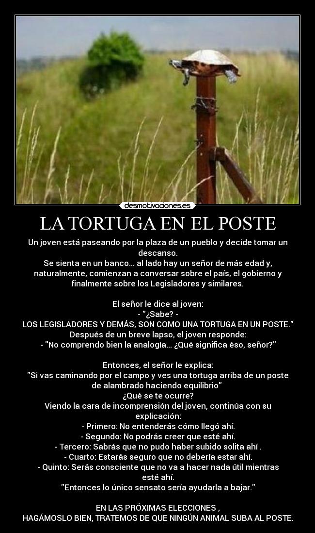 LA TORTUGA EN EL POSTE - Un joven está paseando por la plaza de un pueblo y decide tomar un
descanso.
Se sienta en un banco... al lado hay un señor de más edad y,
naturalmente, comienzan a conversar sobre el país, el gobierno y
finalmente sobre los Legisladores y similares.
El señor le dice al joven:
- ¿Sabe? -
LOS LEGISLADORES Y DEMÁS, SON COMO UNA TORTUGA EN UN POSTE.
Después de un breve lapso, el joven responde:
- No comprendo bien la analogía... ¿Qué significa éso, señor?
Entonces, el señor le explica:
Si vas caminando por el campo y ves una tortuga arriba de un poste
de alambrado haciendo equilibrio
¿Qué se te ocurre?
Viendo la cara de incomprensión del joven, continúa con su
explicación:
- Primero: No entenderás cómo llegó ahí.
- Segundo: No podrás creer que esté ahí.
- Tercero: Sabrás que no pudo haber subido solita ahí .
- Cuarto: Estarás seguro que no debería estar ahí.
- Quinto: Serás consciente que no va a hacer nada útil mientras
esté ahí.
Entonces lo único sensato sería ayudarla a bajar.
EN LAS PRÓXIMAS ELECCIONES ,
HAGÁMOSLO BIEN, TRATEMOS DE QUE NINGÚN ANIMAL SUBA AL POSTE.