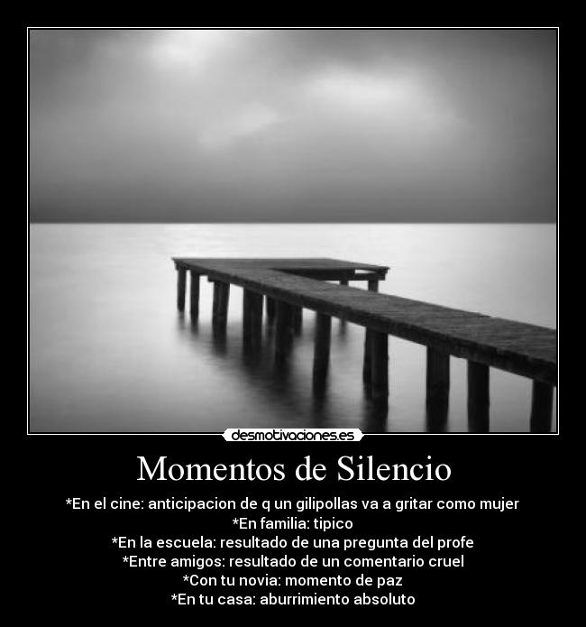 Momentos de Silencio - *En el cine: anticipacion de q un gilipollas va a gritar como mujer
*En familia: tipico
*En la escuela: resultado de una pregunta del profe
*Entre amigos: resultado de un comentario cruel
*Con tu novia: momento de paz
*En tu casa: aburrimiento absoluto