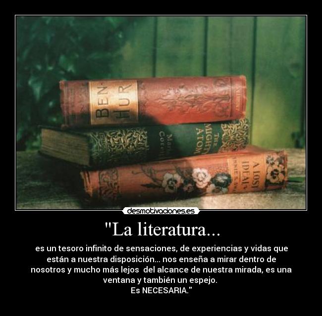 La literatura... - es un tesoro infinito de sensaciones, de experiencias y vidas que
están a nuestra disposición... nos enseña a mirar dentro de
nosotros y mucho más lejos  del alcance de nuestra mirada, es una
ventana y también un espejo. 
Es NECESARIA.
