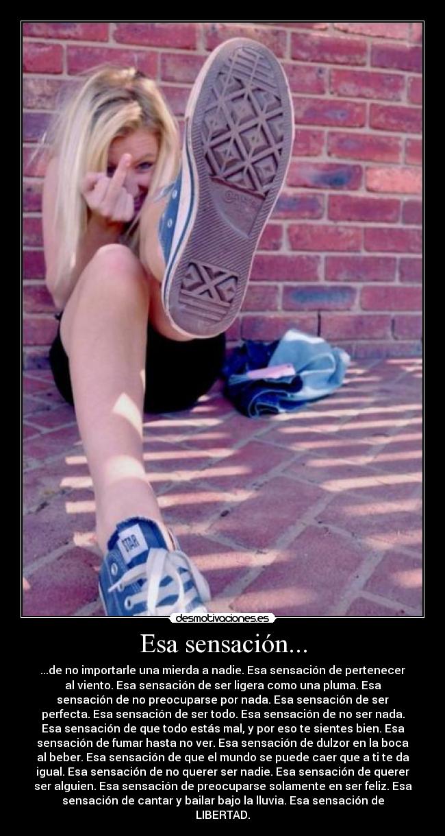 Esa sensación... - ...de no importarle una mierda a nadie. Esa sensación de pertenecer
al viento. Esa sensación de ser ligera como una pluma. Esa
sensación de no preocuparse por nada. Esa sensación de ser
perfecta. Esa sensación de ser todo. Esa sensación de no ser nada.
Esa sensación de que todo estás mal, y por eso te sientes bien. Esa
sensación de fumar hasta no ver. Esa sensación de dulzor en la boca
al beber. Esa sensación de que el mundo se puede caer que a ti te da
igual. Esa sensación de no querer ser nadie. Esa sensación de querer
ser alguien. Esa sensación de preocuparse solamente en ser feliz. Esa
sensación de cantar y bailar bajo la lluvia. Esa sensación de
LIBERTAD.