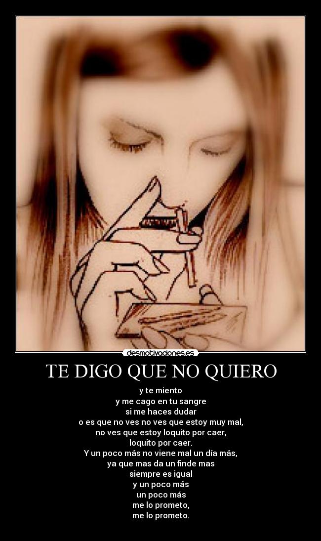 TE DIGO QUE NO QUIERO - y te miento
y me cago en tu sangre
si me haces dudar
o es que no ves no ves que estoy muy mal,
no ves que estoy loquito por caer,
loquito por caer.
Y un poco más no viene mal un día más,
ya que mas da un finde mas
siempre es igual
y un poco más
un poco más
me lo prometo,
me lo prometo.