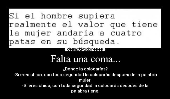 Falta una coma... - ¿Donde la colocarías?
-Si eres chica, con toda seguridad la colocarás despues de la palabra mujer.
-Si eres chico, con toda seguridad la colocarás después de la palabra tiene.