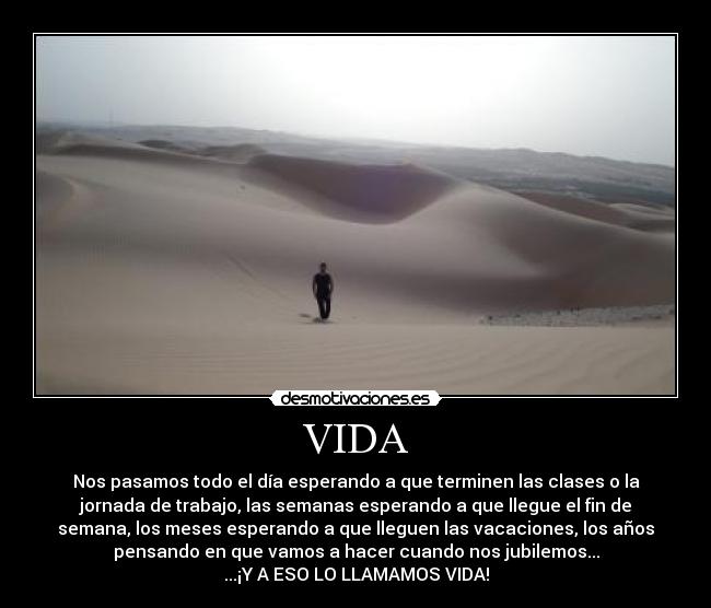 VIDA - Nos pasamos todo el día esperando a que terminen las clases o la
jornada de trabajo, las semanas esperando a que llegue el fin de
semana, los meses esperando a que lleguen las vacaciones, los años
pensando en que vamos a hacer cuando nos jubilemos...
...¡Y A ESO LO LLAMAMOS VIDA!