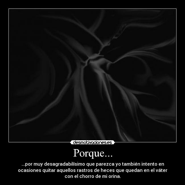Porque... - ...por muy desagradabilísimo que parezca yo también intento en
ocasiones quitar aquellos rastros de heces que quedan en el váter
con el chorro de mi orina.