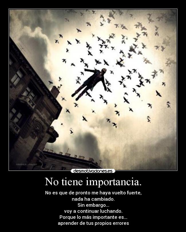 No tiene importancia. - No es que de pronto me haya vuelto fuerte,
nada ha cambiado.
Sin embargo...
voy a continuar luchando.
Porque lo más importante es...
aprender de tus propios errores