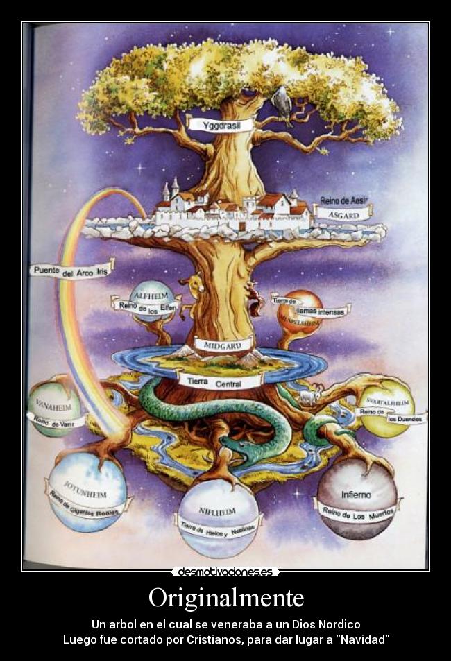 Originalmente - Un arbol en el cual se veneraba a un Dios Nordico
Luego fue cortado por Cristianos, para dar lugar a Navidad