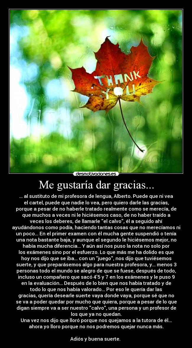 Me gustaría dar gracias... - ... al sustituto de mi profesora de lengua, Alberto. Puede que ni vea
el cartel, puede que nadie lo vea, pero quiero darle las gracias,
porque a pesar de no haberle tratado realmente como se merecía, de
que muchos a veces ni le hiciésemos caso, de no haber traído a
veces los deberes, de llamarle el calvo, él a seguido ahí
ayudándonos como podía, haciendo tantas cosas que no merecíamos ni
un poco... En el primer examen con él mucha gente suspendió o tenía
una nota bastante baja, y aunque el segundo le hiciésemos mejor, no
había mucha diferencia... Y aún así nos puso la nota no solo por
los exámenes sino por el esfuerzo. Lo que más me ha dolido es que
hoy nos dijo que se iba... con un juego, nos dijo que tuviésemos
suerte, y que preparásemos algo para nuestra profesora, y... menos 3
personas todo el mundo se alegro de que se fuese, después de todo,
incluso un compañero que sacó 45 y 7 en los exámenes y le puso 9
en la evaluación... Después de lo bien que nos había tratado y de
todo lo que nos había valorado... Por eso le quería dar las
gracias, quería desearle suerte vaya donde vaya, porque sé que no
se va a poder quedar por mucho que quiera, porque a pesar de lo que
digan siempre va a ser nuestro calvo, una persona y un profesor de
los que ya no quedan.
Una vez nos dijo que lloró porque nos quejamos a la tutora de él...
ahora yo lloro porque no nos podremos quejar nunca más.

Adiós y buena suerte. 