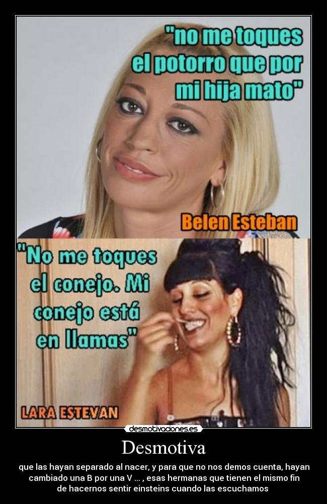 Desmotiva - que las hayan separado al nacer, y para que no nos demos cuenta, hayan
cambiado una B por una V ... , esas hermanas que tienen el mismo fin
de hacernos sentir einsteins cuando las escuchamos