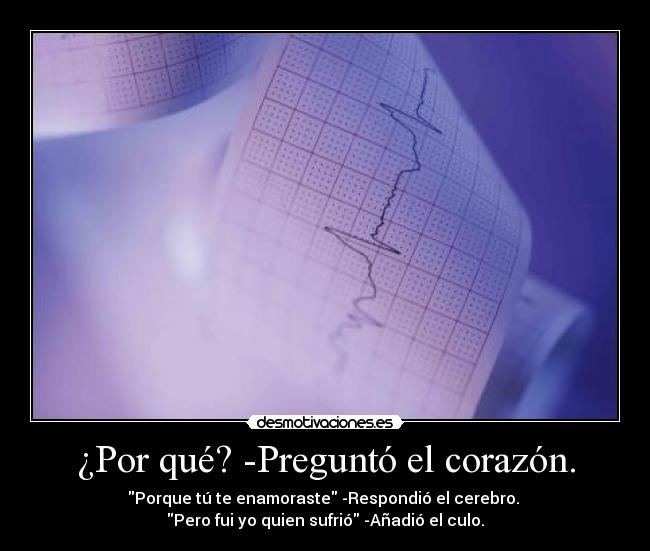 ¿Por qué? -Preguntó el corazón. - Porque tú te enamoraste -Respondió el cerebro.
Pero fui yo quien sufrió -Añadió el culo.
