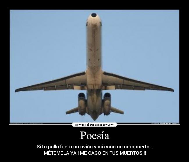 Poesía - Si tu polla fuera un avión y mi coño un aeropuerto...
MÉTEMELA YA!! ME CAGO EN TUS MUERTOS!!!