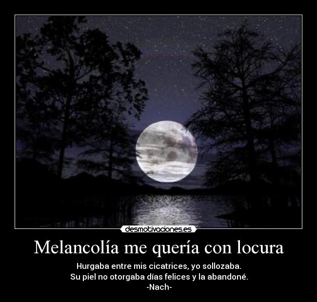 Melancolía me quería con locura - Hurgaba entre mis cicatrices, yo sollozaba.
Su piel no otorgaba días felices y la abandoné.
-Nach-
