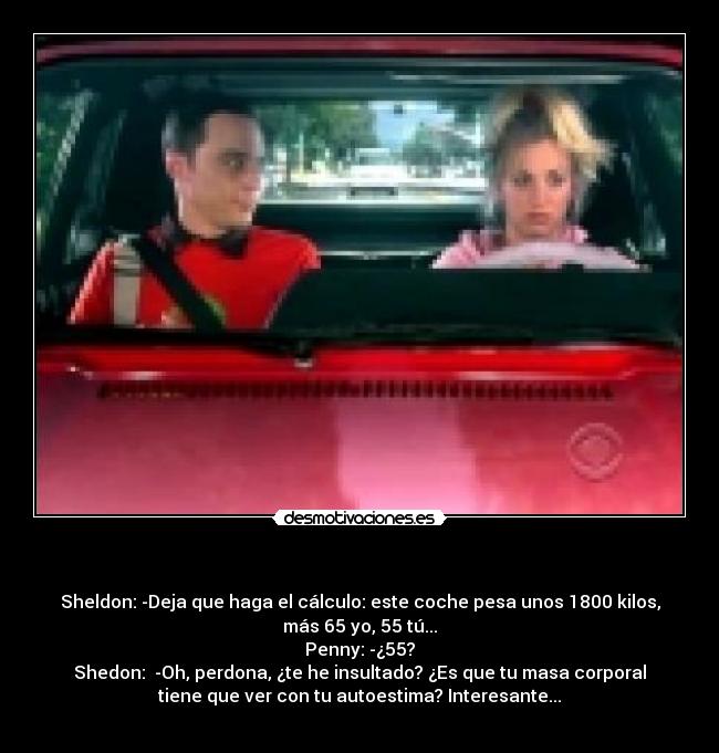   - Sheldon: -Deja que haga el cálculo: este coche pesa unos 1800 kilos,
más 65 yo, 55 tú...
Penny: -¿55?
Shedon:  -Oh, perdona, ¿te he insultado? ¿Es que tu masa corporal
tiene que ver con tu autoestima? Interesante...
