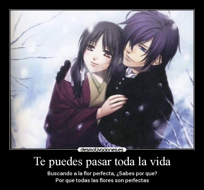 carteles vida hakuoki shinsengumi kitan saito hajime yukimura chizuru flor sakura nieve pareja amor perfeccion desmotivaciones