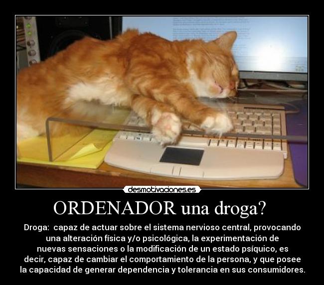 ORDENADOR una droga?  - Droga:  capaz de actuar sobre el sistema nervioso central, provocando
una alteración física y/o psicológica, la experimentación de
nuevas sensaciones o la modificación de un estado psíquico, es
decir, capaz de cambiar el comportamiento de la persona, y que posee
la capacidad de generar dependencia y tolerancia en sus consumidores.