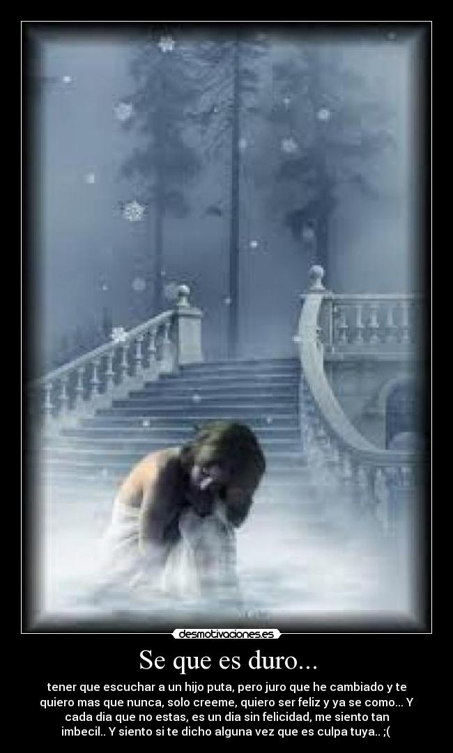 Se que es duro... - tener que escuchar a un hijo puta, pero juro que he cambiado y te
quiero mas que nunca, solo creeme, quiero ser feliz y ya se como... Y
cada dia que no estas, es un dia sin felicidad, me siento tan
imbecil.. Y siento si te dicho alguna vez que es culpa tuya.. ;(
