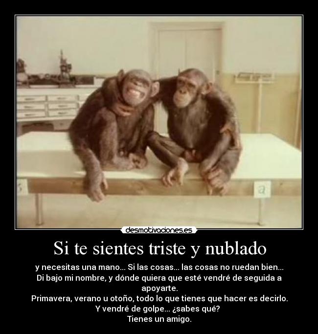 Si te sientes triste y nublado - y necesitas una mano... Si las cosas... las cosas no ruedan bien...
Di bajo mi nombre, y dónde quiera que esté vendré de seguida a
apoyarte.
Primavera, verano u otoño, todo lo que tienes que hacer es decirlo.
Y vendré de golpe... ¿sabes qué? 
Tienes un amigo.