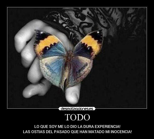 TODO - LO QUE SOY ME LO DIO LA DURA EXPERIENCIA!
LAS OSTIAS DEL PASADO QUE HAN MATADO MI INOCENCIA!