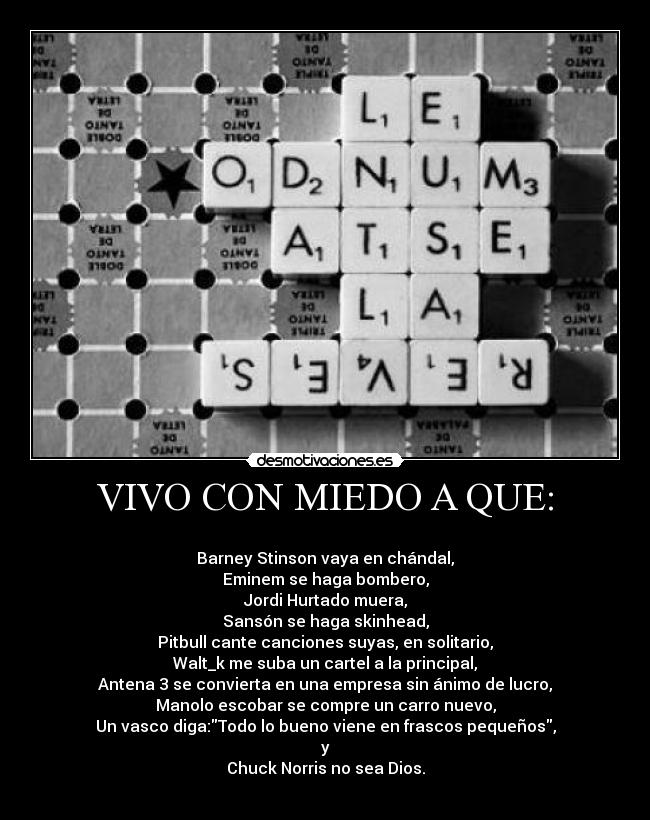 VIVO CON MIEDO A QUE: -
Barney Stinson vaya en chándal,
Eminem se haga bombero,
Jordi Hurtado muera,
Sansón se haga skinhead,
Pitbull cante canciones suyas, en solitario,
Walt_k me suba un cartel a la principal,
Antena 3 se convierta en una empresa sin ánimo de lucro,
Manolo escobar se compre un carro nuevo,
Un vasco diga:Todo lo bueno viene en frascos pequeños,
y
Chuck Norris no sea Dios.