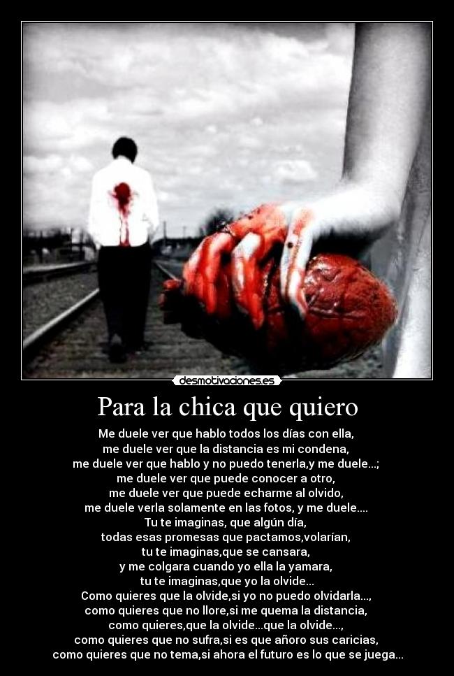 Para la chica que quiero - Me duele ver que hablo todos los días con ella, 
me duele ver que la distancia es mi condena, 
me duele ver que hablo y no puedo tenerla,y me duele...; 
me duele ver que puede conocer a otro, 
me duele ver que puede echarme al olvido, 
me duele verla solamente en las fotos, y me duele.... 
Tu te imaginas, que algún día, 
todas esas promesas que pactamos,volarían, 
tu te imaginas,que se cansara, 
y me colgara cuando yo ella la yamara, 
tu te imaginas,que yo la olvide...
Como quieres que la olvide,si yo no puedo olvidarla..., 
como quieres que no llore,si me quema la distancia, 
como quieres,que la olvide...que la olvide..., 
como quieres que no sufra,si es que añoro sus caricias, 
como quieres que no tema,si ahora el futuro es lo que se juega...