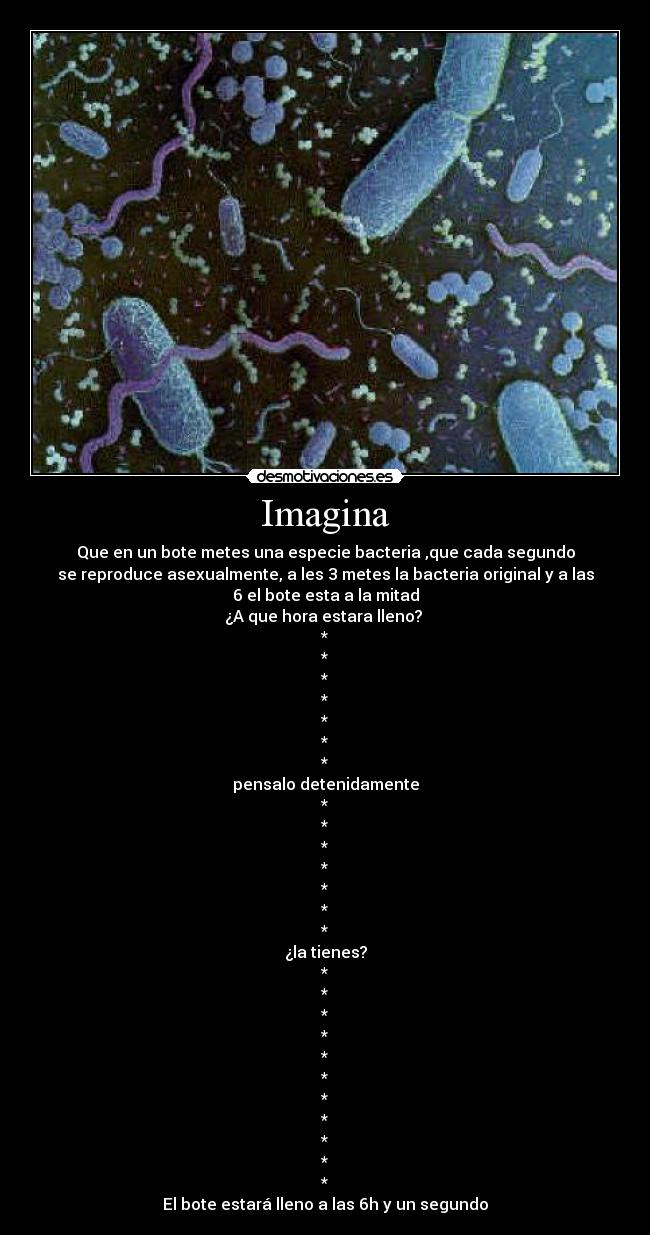 Imagina - Que en un bote metes una especie bacteria ,que cada segundo
se reproduce asexualmente, a les 3 metes la bacteria original y a las
6 el bote esta a la mitad
¿A que hora estara lleno? 
*
*
*
*
*
*
*
pensalo detenidamente
*
*
*
*
*
*
*
¿la tienes?
*
*
*
*
*
*
*
*
*
*
*
El bote estará lleno a las 6h y un segundo