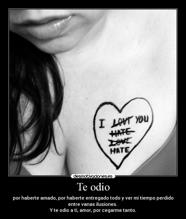 Te odio - por haberte amado, por haberte entregado todo y ver mi tiempo perdido
entre vanas ilusiones. 
Y te odio a ti, amor, por cegarme tanto.