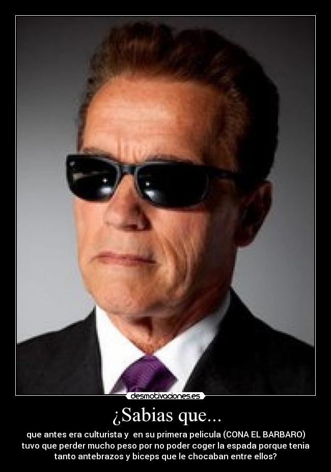¿Sabias que... - que antes era culturista y en su primera pelicula (CONA EL BARBARO)
tuvo que perder mucho peso por no poder coger la espada porque tenia
tanto antebrazos y biceps que le chocaban entre ellos?
