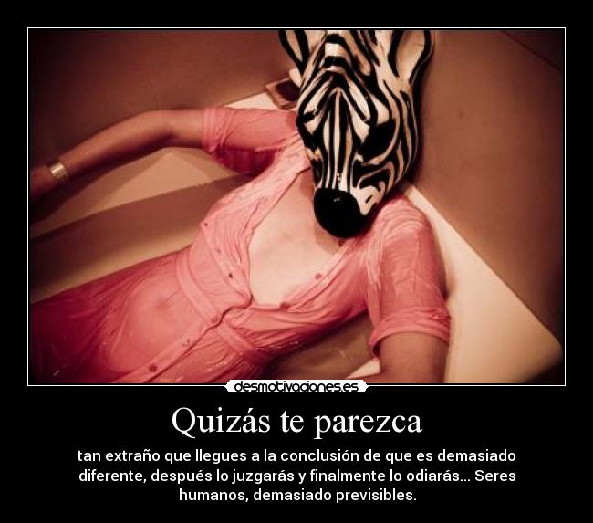 Quizás te parezca - tan extraño que llegues a la conclusión de que es demasiado
diferente, después lo juzgarás y finalmente lo odiarás... Seres
humanos, demasiado previsibles.