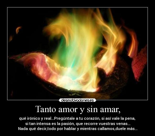 Tanto amor y sin amar, - qué irónico y real...Pregúntale a tu corazón, si así vale la pena, 
si tan intensa es la pasión, que recorre vuestras venas...
Nada qué decir,todo por hablar y mientras callamos,duele más...