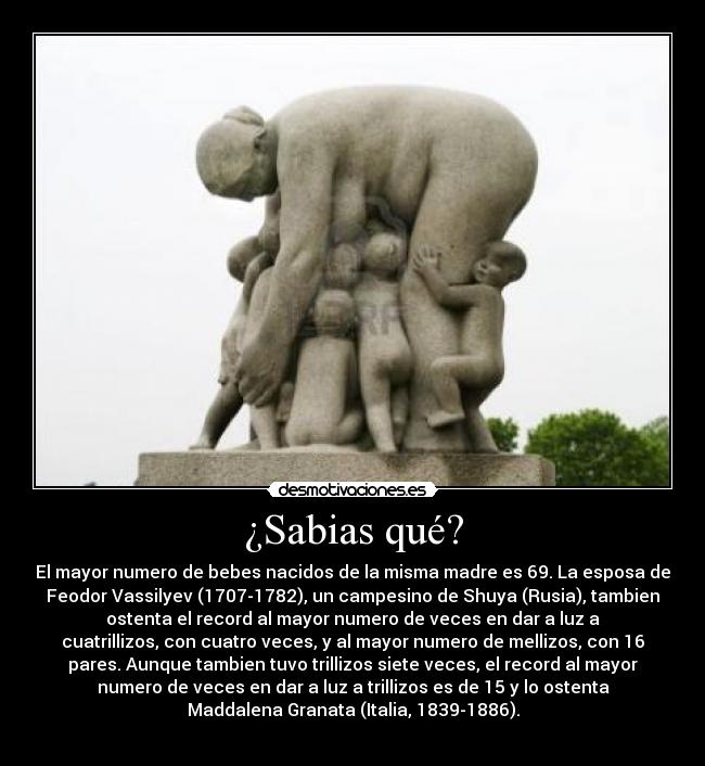 ¿Sabias qué? - El mayor numero de bebes nacidos de la misma madre es 69. La esposa de
Feodor Vassilyev (1707-1782), un campesino de Shuya (Rusia), tambien
ostenta el record al mayor numero de veces en dar a luz a
cuatrillizos, con cuatro veces, y al mayor numero de mellizos, con 16
pares. Aunque tambien tuvo trillizos siete veces, el record al mayor
numero de veces en dar a luz a trillizos es de 15 y lo ostenta
Maddalena Granata (Italia, 1839-1886).