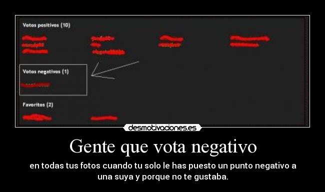 Gente que vota negativo - en todas tus fotos cuando tu solo le has puesto un punto negativo a
una suya y porque no te gustaba.