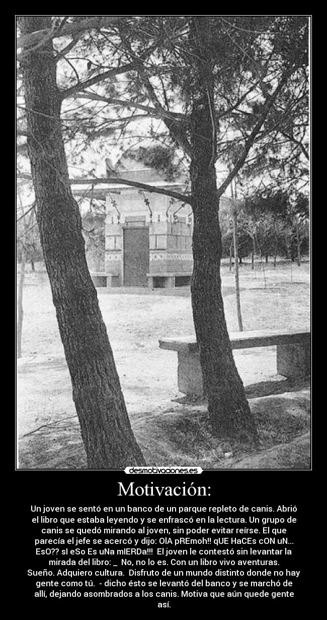 Motivación: - Un joven se sentó en un banco de un parque repleto de canis. Abrió
el libro que estaba leyendo y se enfrascó en la lectura. Un grupo de
canis se quedó mirando al joven, sin poder evitar reírse. El que
parecía el jefe se acercó y dijo: OlA pREmoh!! qUE HaCEs cON uN...
EsO?? sI eSo Es uNa mIERDa!!!  El joven le contestó sin levantar la
mirada del libro: _  No, no lo es. Con un libro vivo aventuras.
Sueño. Adquiero cultura.  Disfruto de un mundo distinto donde no hay
gente como tú.  - dicho ésto se levantó del banco y se marchó de
allí, dejando asombrados a los canis. Motiva que aún quede gente
así.