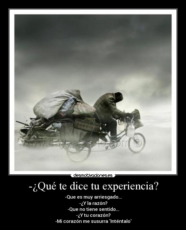 -¿Qué te dice tu experiencia? - -Que es muy arriesgado...
-¿Y la razón?
-Que no tiene sentido...
-¿Y tu corazón?
-Mi corazón me susurra Inténtalo