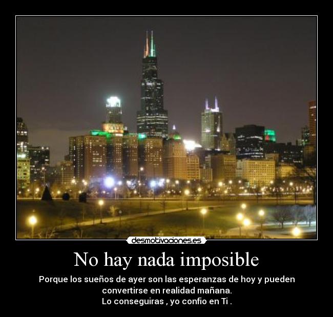 No hay nada imposible - Porque los sueños de ayer son las esperanzas de hoy y pueden
convertirse en realidad mañana.
Lo conseguiras , yo confio en Ti .