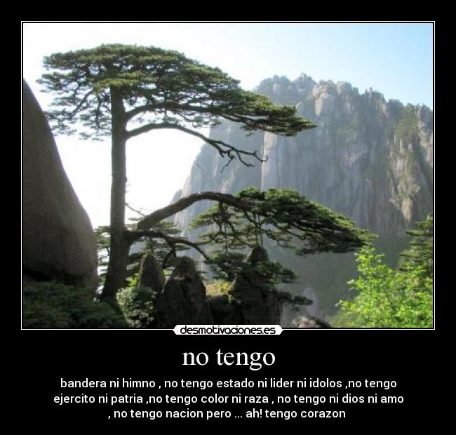 no tengo - bandera ni himno , no tengo estado ni lider ni idolos ,no tengo
ejercito ni patria ,no tengo color ni raza , no tengo ni dios ni amo
, no tengo nacion pero ... ah! tengo corazon