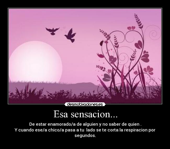 Esa sensacion... - De estar enamorado/a de alguien y no saber de quien .
Y cuando ese/a chico/a pasa a tu  lado se te corta la respiracion por segundos.
