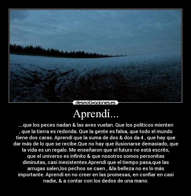 Aprendí... - ....que los peces nadan & las aves vuelan. Que los políticos mienten
, que la tierra es redonda. Que la gente es falsa, que todo el mundo
tiene dos caras. Aprendí que la suma de dos & dos da 4 , que hay que
dar más de lo que se recibe.Que no hay que ilusionarse demasiado, que
la vida es un regalo. Me enseñaron que el futuro no está escrito,
que el universo es infinito & que nosotros somos personitas
diminutas, casi inexistentes.Aprendí que el tiempo pasa,que las
arrugas salen,los pechos se caen , &la belleza no es lo más
importante. Aprendí en no creer en las promesas, en confiar en casi
nadie, & a contar con los dedos de una mano.
