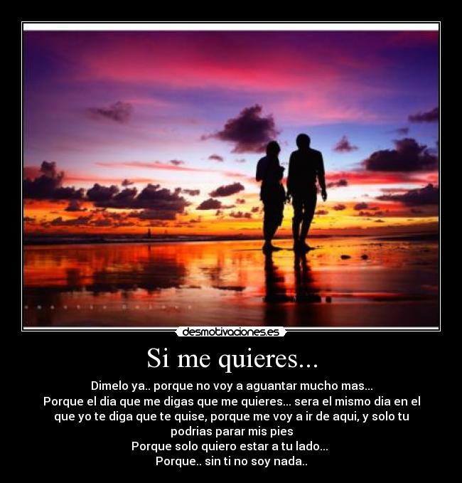 Si me quieres... - Dimelo ya.. porque no voy a aguantar mucho mas...
Porque el dia que me digas que me quieres... sera el mismo dia en el
que yo te diga que te quise, porque me voy a ir de aqui, y solo tu
podrias parar mis pies
Porque solo quiero estar a tu lado... 
Porque.. sin ti no soy nada..