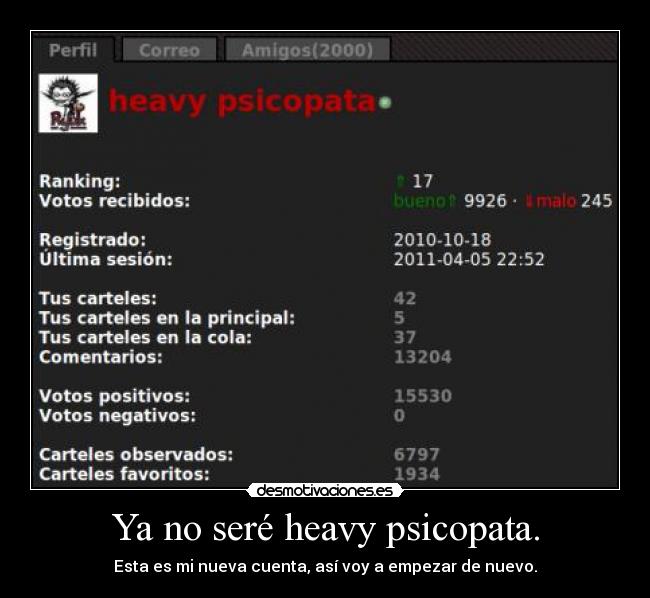 Ya no seré heavy psicopata. - Esta es mi nueva cuenta, así voy a empezar de nuevo.