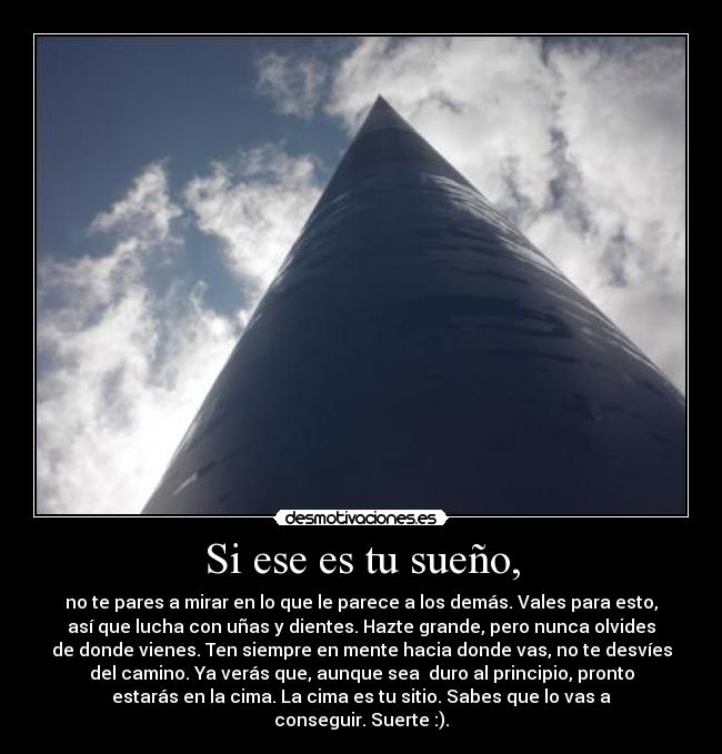 Si ese es tu sueño, - no te pares a mirar en lo que le parece a los demás. Vales para esto,
así que lucha con uñas y dientes. Hazte grande, pero nunca olvides
de donde vienes. Ten siempre en mente hacia donde vas, no te desvíes
del camino. Ya verás que, aunque sea  duro al principio, pronto
estarás en la cima. La cima es tu sitio. Sabes que lo vas a
conseguir. Suerte :).