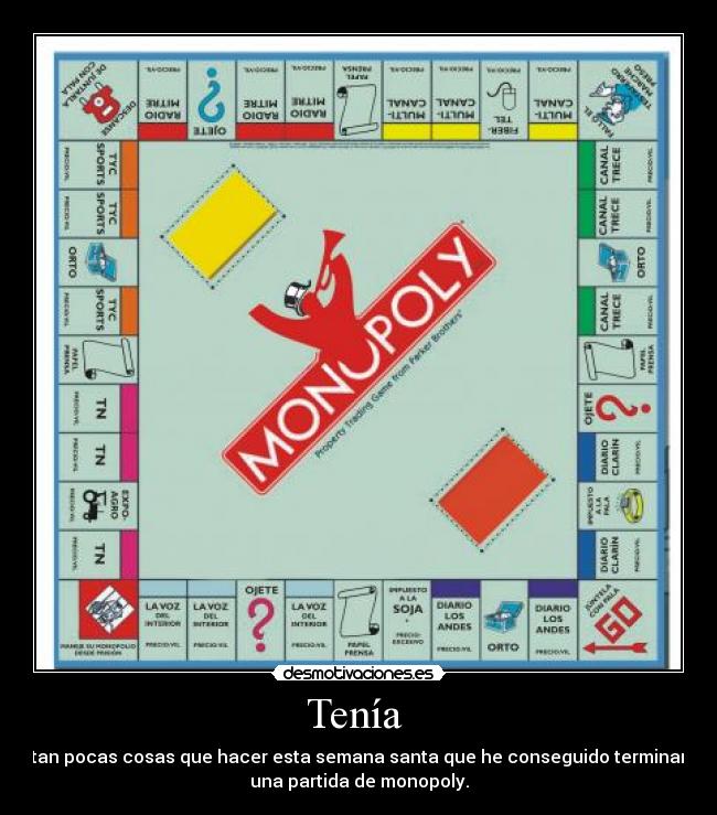 Tenía - tan pocas cosas que hacer esta semana santa que he conseguido terminar
una partida de monopoly.