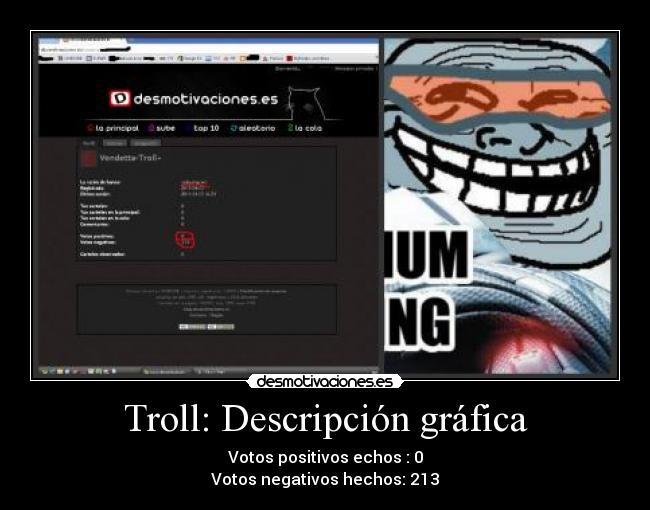 Troll: Descripción gráfica - Votos positivos echos : 0
Votos negativos hechos: 213