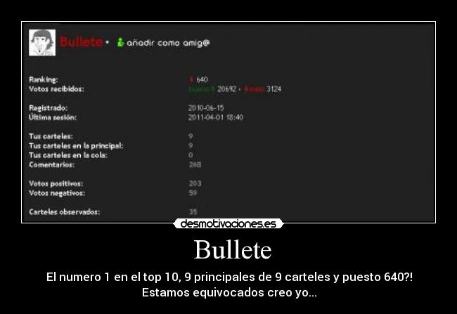  Bullete - El numero 1 en el top 10, 9 principales de 9 carteles y puesto 640?!
Estamos equivocados creo yo...