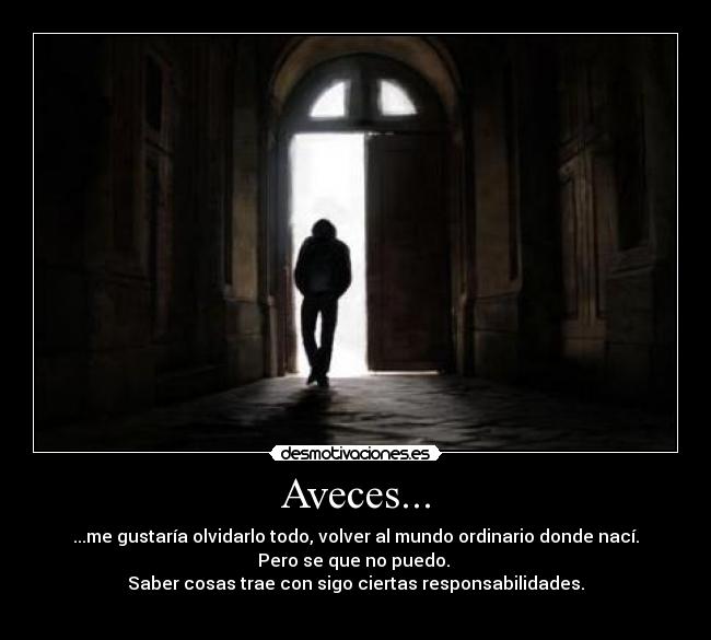 Aveces... - ...me gustaría olvidarlo todo, volver al mundo ordinario donde nací.
Pero se que no puedo.
Saber cosas trae con sigo ciertas responsabilidades.