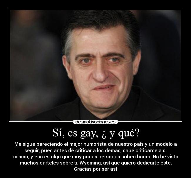 Sí, es gay, ¿ y qué? - Me sigue pareciendo el mejor humorista de nuestro país y un modelo a
seguir, pues antes de criticar a los demás, sabe criticarse a sí
mismo, y eso es algo que muy pocas personas saben hacer. No he visto
muchos carteles sobre ti, Wyoming, así que quiero dedicarte éste.
Gracias por ser así