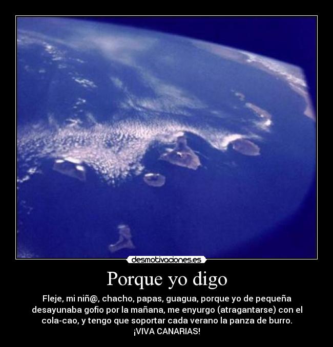 Porque yo digo - Fleje, mi niñ@, chacho, papas, guagua, porque yo de pequeña
desayunaba gofio por la mañana, me enyurgo (atragantarse) con el
cola-cao, y tengo que soportar cada verano la panza de burro.
¡VIVA CANARIAS!