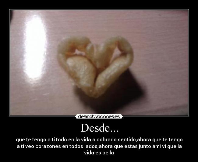 Desde... - que te tengo a ti todo en la vida a cobrado sentido,ahora que te tengo
a ti veo corazones en todos lados,ahora que estas junto ami vi que la
vida es bella