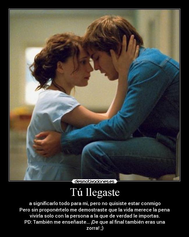 Tú llegaste - a significarlo todo para mi, pero no quisiste estar conmigo
Pero sin proponértelo me demostraste que la vida merece la pena
vivirla solo con la persona a la que de verdad le importas.
PD: También me enseñaste... ¡De que al final también eras una
zorra! ;)