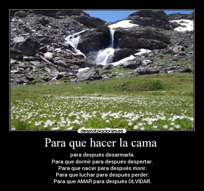 Para que hacer la cama - para después desarmarla.
Para que dormir para después despertar.
Para que nacer para después morir.
Para que luchar para después perder:
Para que AMAR para después OLVIDAR.