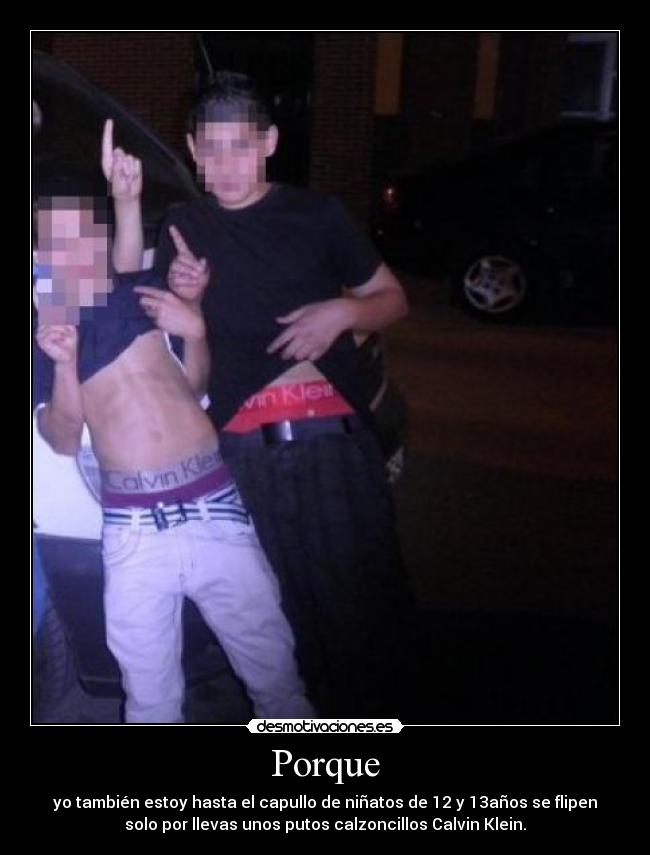 Porque - yo también estoy hasta el capullo de niñatos de 12 y 13años se flipen
solo por llevas unos putos calzoncillos Calvin Klein.