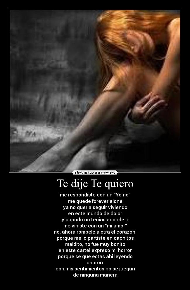Te dije Te quiero - me respondiste con un Yo no
me quede forever alone
ya no queria seguir viviendo
en este mundo de dolor
y cuando no tenias adonde ir
me viniste con un mi amor
no, ahora rompele a otra el corazon 
porque me lo partiste en cachitos
maldito, no fue muy bonito
en este cartel expreso mi horror
porque se que estas ahi leyendo
cabron 
con mis sentimientos no se juegan
de ninguna manera
